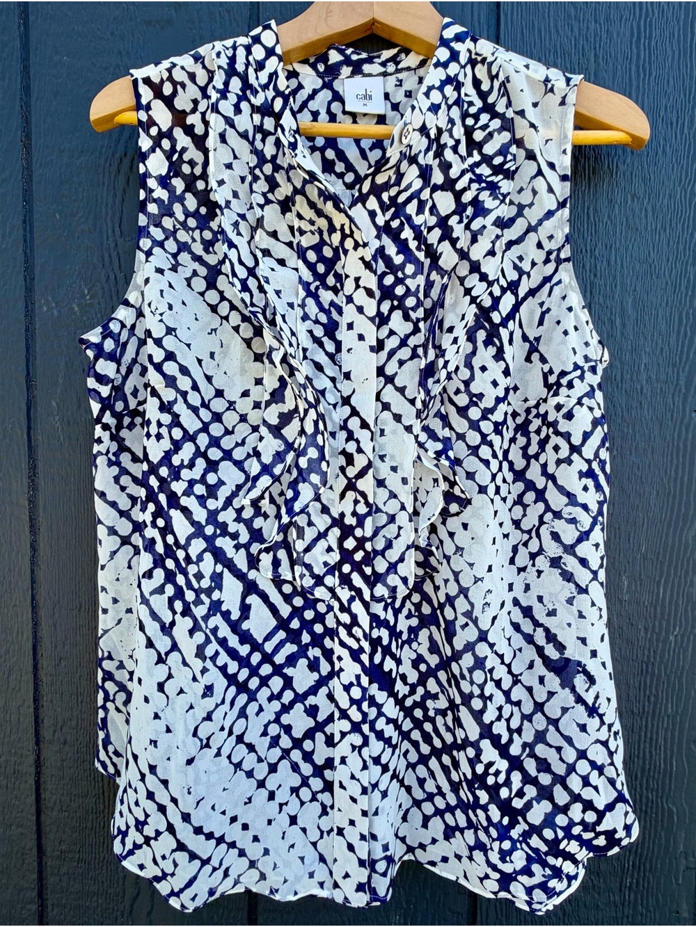 CAbi Navy and White Sleeveless Ruffle-Front Blouse